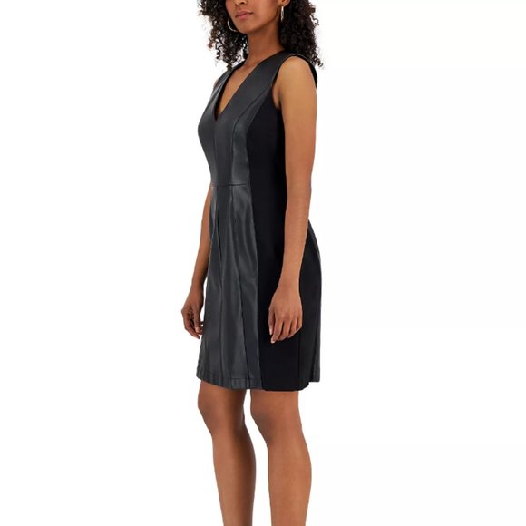 INC International Concepts, Women's Faux-Leather and Ponte Dress, Black, Size 8 - Picture 3 of 5